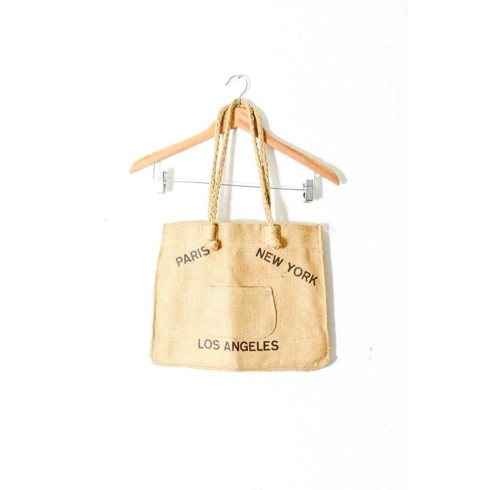 Jute Tote Bag Womens Large Tan Y2K Paris New York Los Angeles Graphic